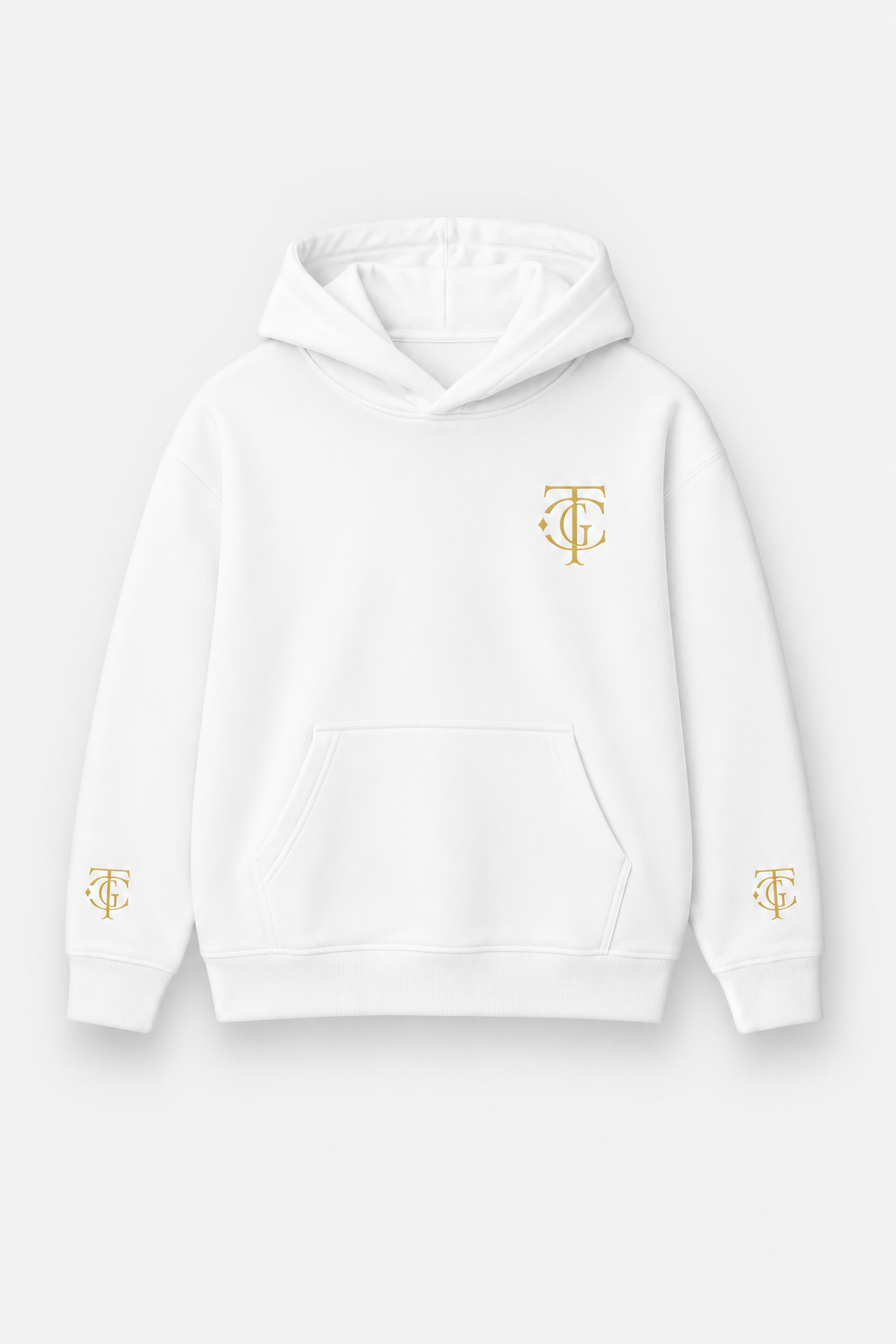 White heavyweight hoodie with gold embroidered TGC monogram on chest and sleeves