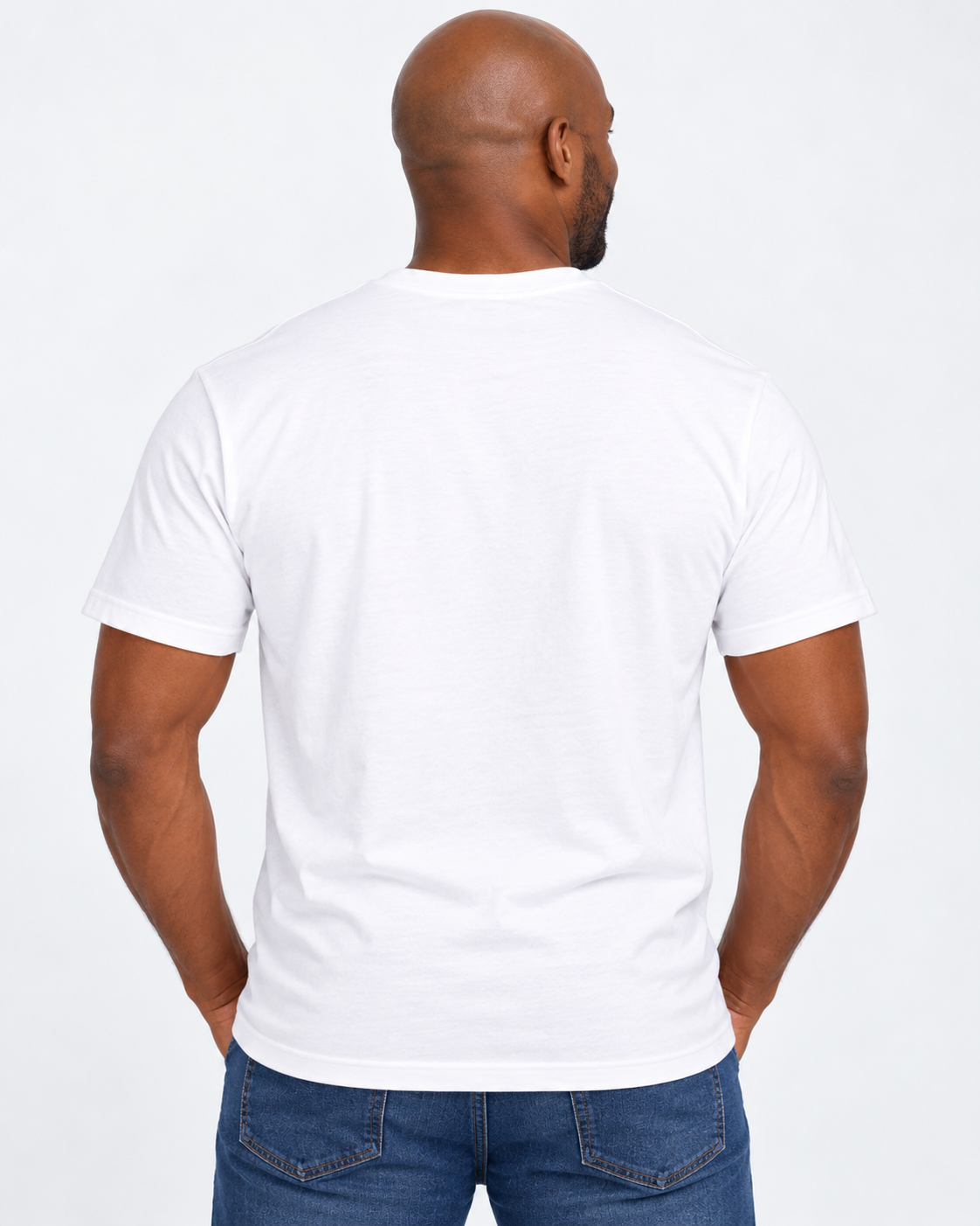 Back view of a dark-complexion African-American male model wearing the white Presidential Foursome Club Rules Tee, showing the clean blank back and standard short-sleeve construction.
