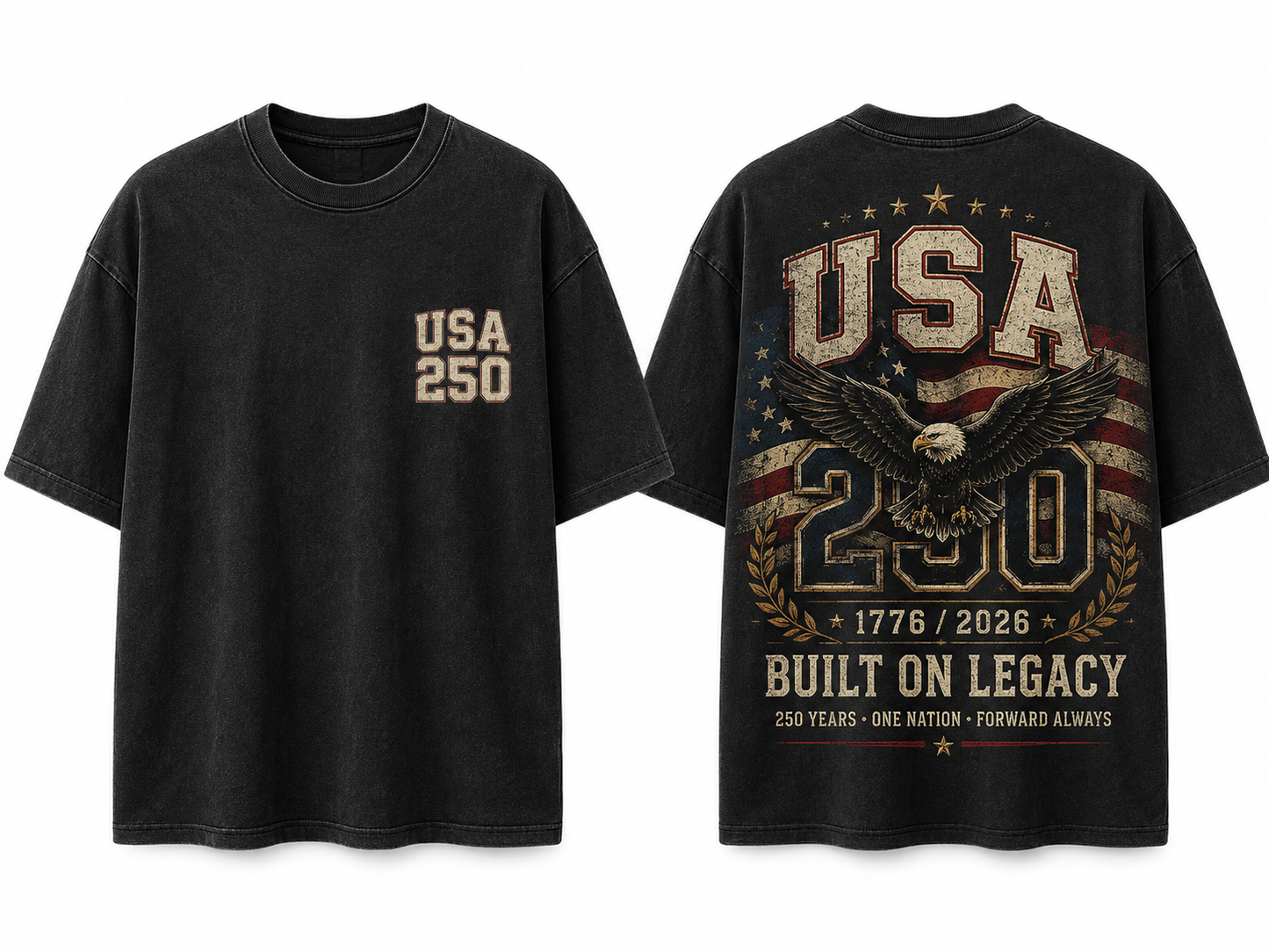 Vintage black heavyweight USA 250 tee shown front and back, featuring a small USA 250 left-chest graphic and a large distressed eagle, American flag, and “Built On Legacy” 1776–2026 back graphic.