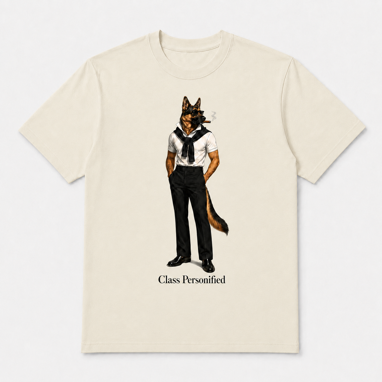 Beige Class Personified Hudson tee with premium golf lifestyle character graphic on the front.