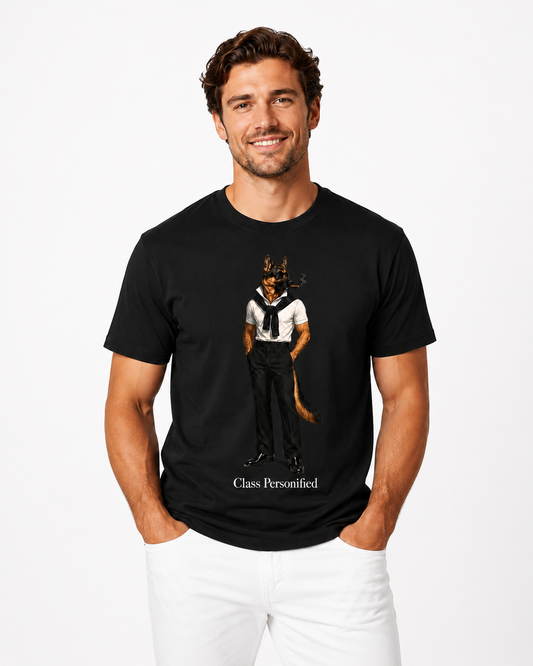 Male model wearing black Class Personified Hudson tee featuring Hudson artwork and Class Personified text.