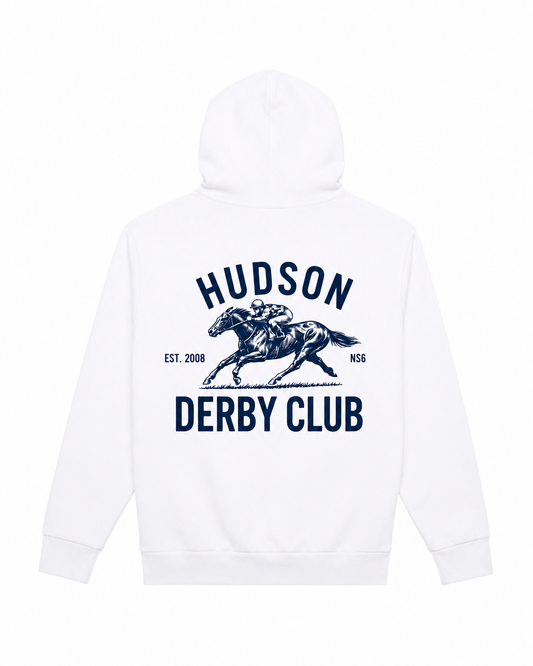 White hoodie with 'Hudson Derby Club' text and horse graphic on a white background