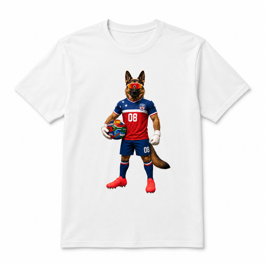 White Hudson the Soccer Player tee with German Shepherd soccer player graphic wearing a red, white, and blue TGC kit and holding a multi-nation soccer ball.