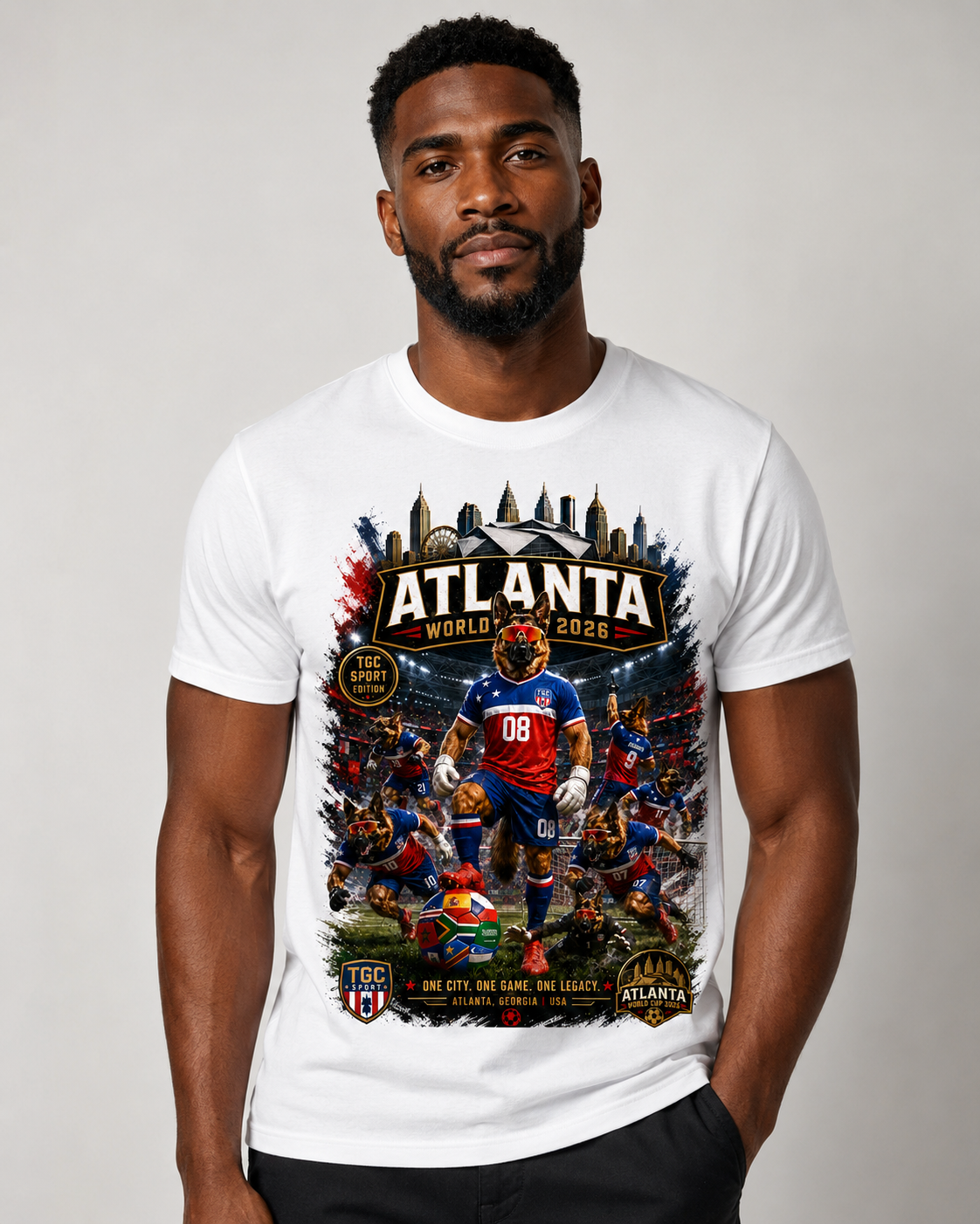 A man wearing a white short-sleeve graphic t-shirt featuring a detailed 'Atlanta World 2026' sports illustration on the front, set against a plain light gray background.
