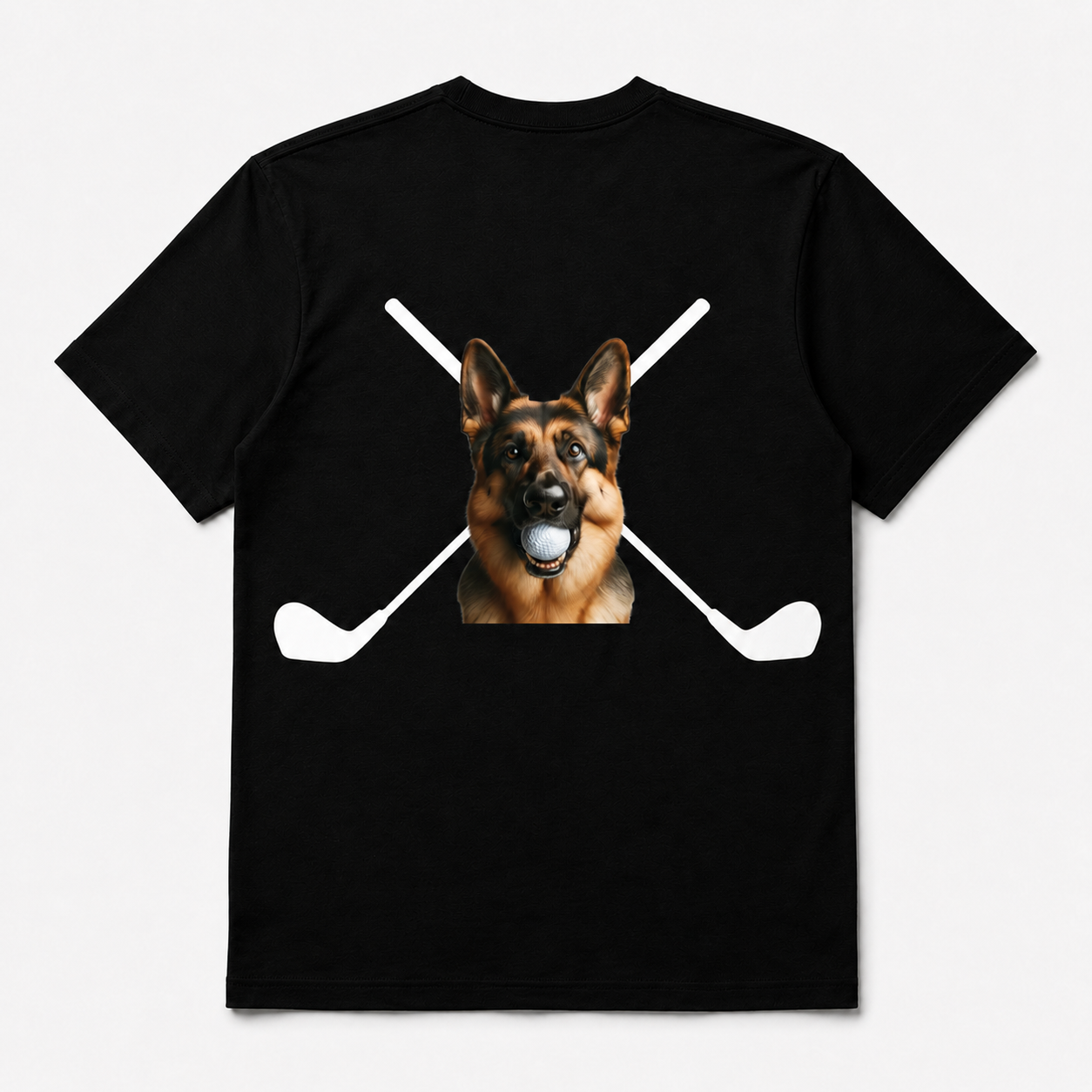 Black t-shirt with a German Shepherd graphic and golf clubs on a white background