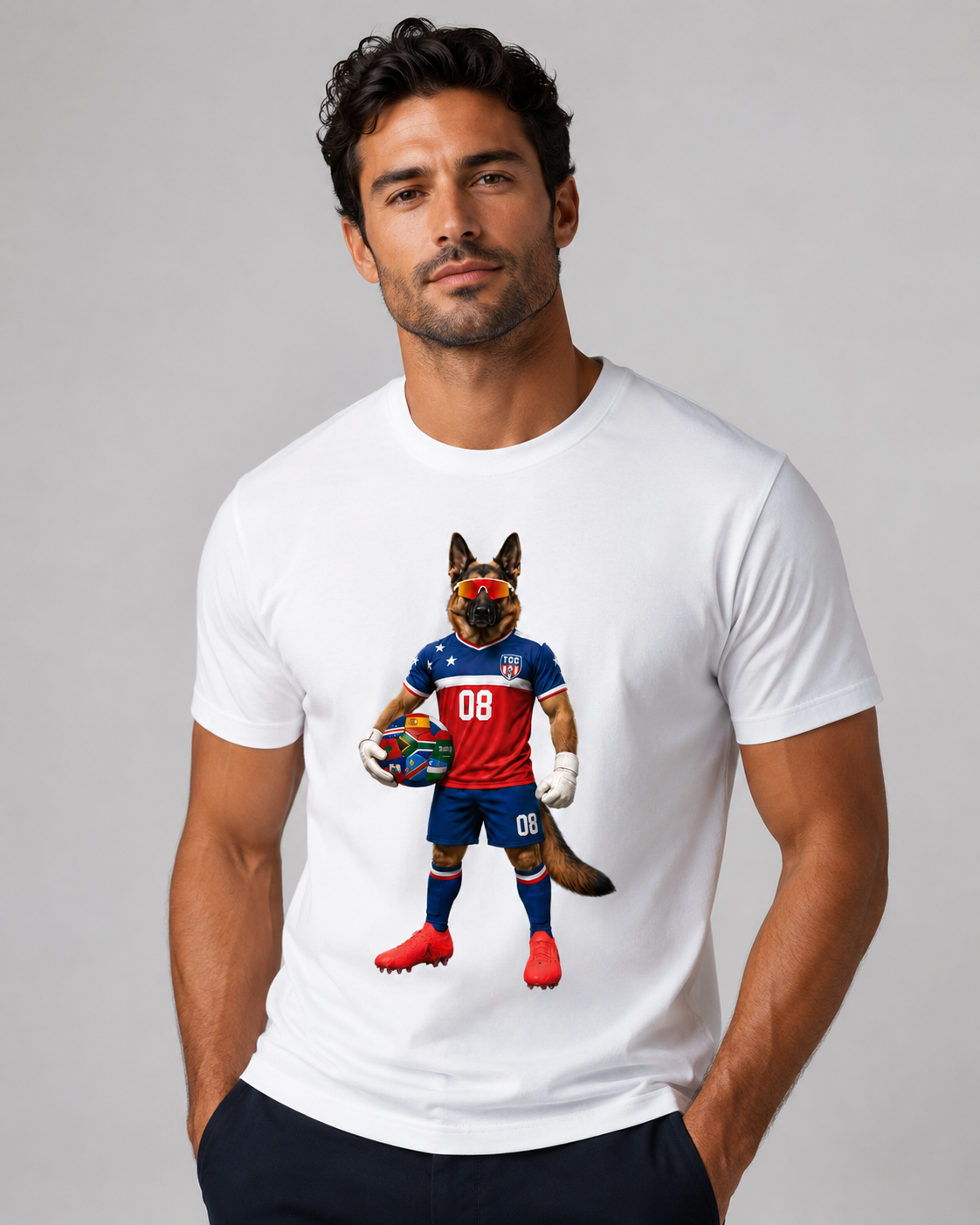 A man wearing a white crew-neck t-shirt with a graphic print of a German Shepherd soccer player in a red and blue jersey, holding a soccer ball.