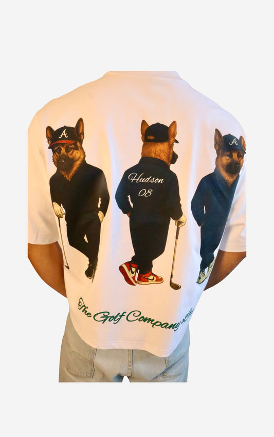 White t-shirt with dog illustrations and text on a white background