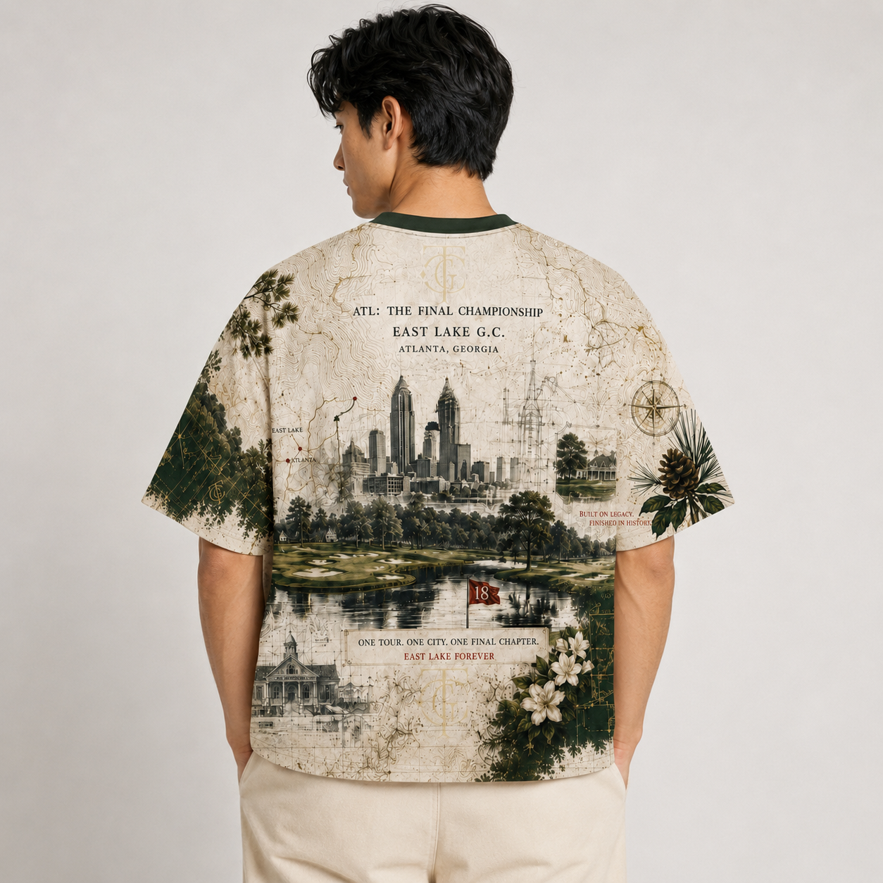 A man viewed from behind wearing a short-sleeve graphic t-shirt with a vintage-style map print of Atlanta, Georgia, featuring the city skyline, East Lake, and historical text. He is also wearing light beige pants against a neutral studio background.