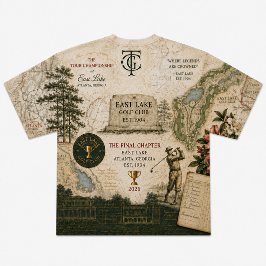 A short-sleeve t-shirt with an all-over vintage-style East Lake Golf Club map print, featuring text, golf imagery, and decorative elements on a light gray background.