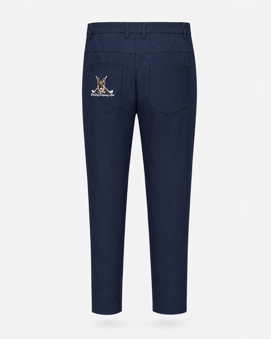 Navy blue pants with a logo on a white background
