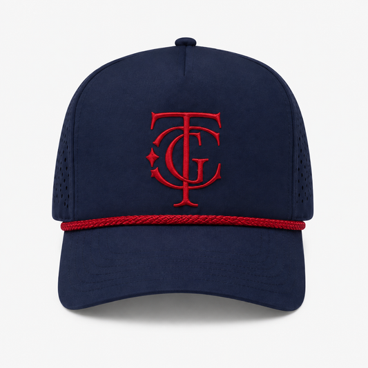 Navy TGC ATL Championship performance rope cap with red embroidered monogram and red rope detail