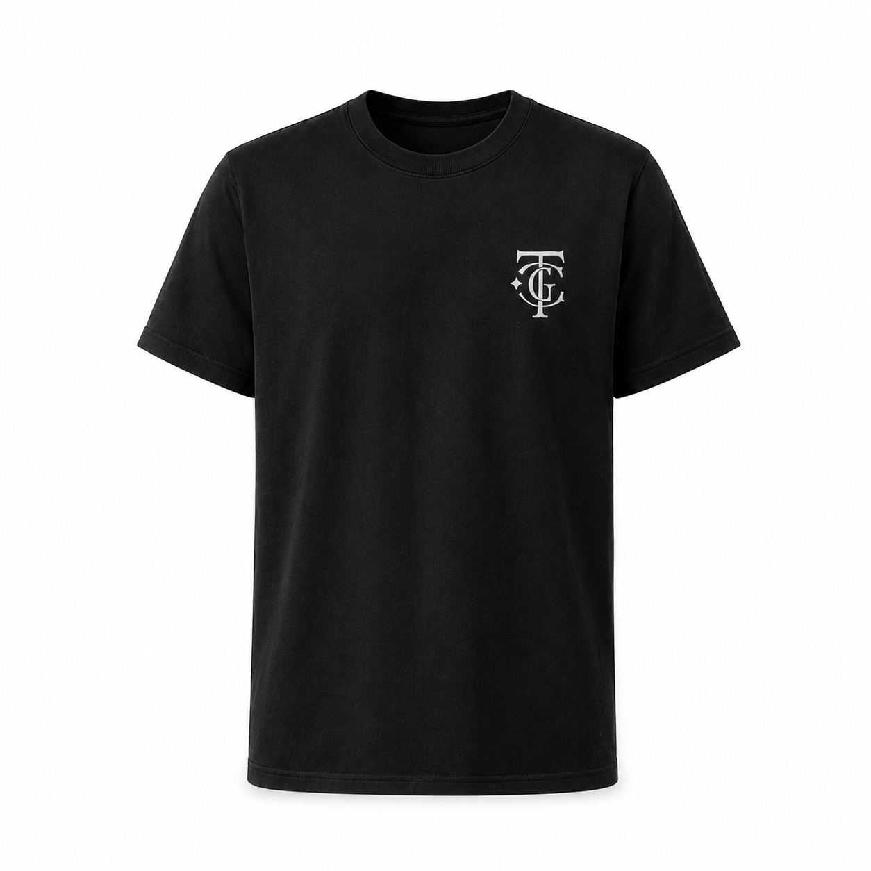 Black TGC Essentials Embroidered Monogram Tee with white TGC chest logo.