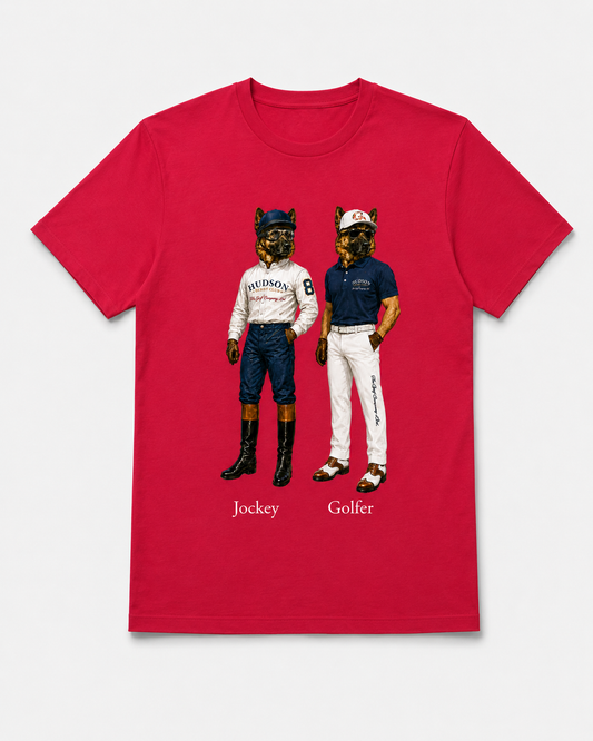 Red t-shirt with illustrations of a jockey and golfer on a white background