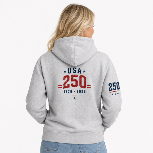 Heather grey Hudson the Golfer Stars, Stripes & Swing hoodie shown back USA 250 back graphic, and 250 right-sleeve detail.