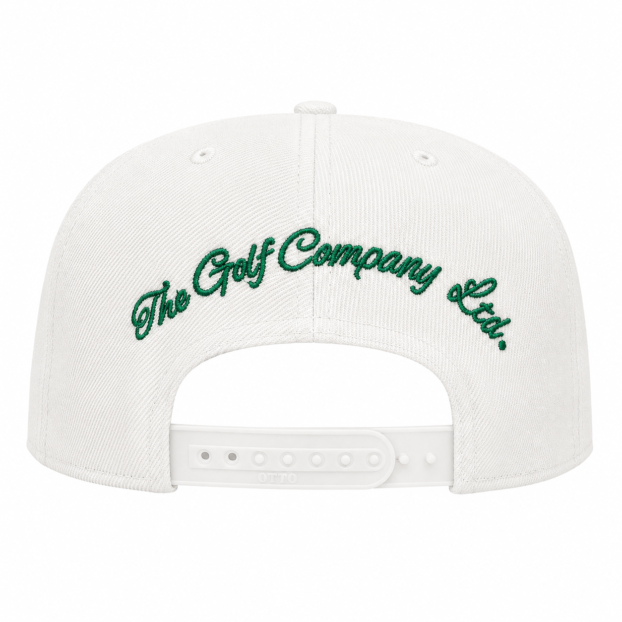 White cap with green text 'The Golf Company Ltd.' on a white background