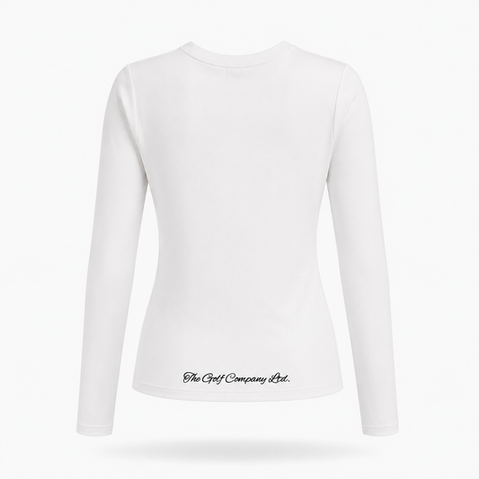 Women’s white athletic long sleeve fitted tee rear view with The Golf Company Ltd script logo near the lower back hem.