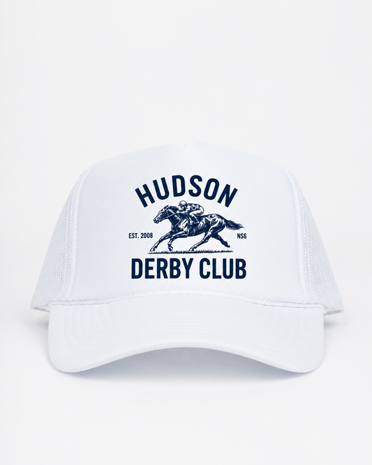 Hudson Derby Club white trucker cap front view with navy horse-and-jockey artwork by The Golf Company Ltd.
