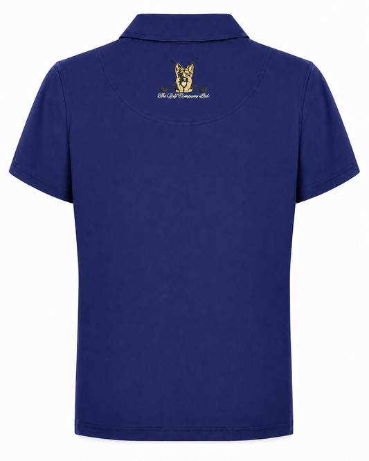 Women’s royal blue performance golf polo rear view with upper back embroidered logo and script.