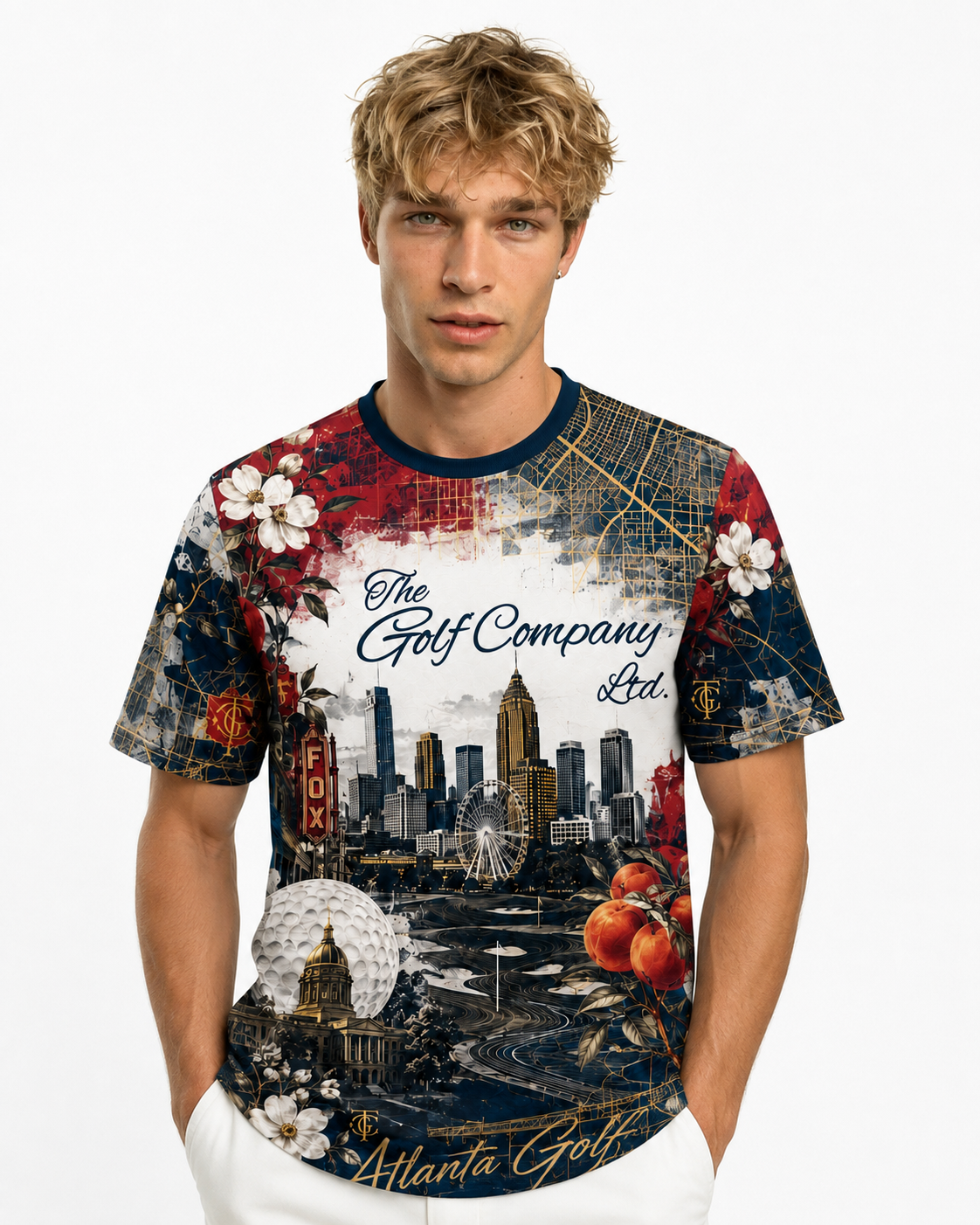 A male model wearing a short-sleeve crewneck t-shirt with a complex graphic print featuring a city skyline, golf course imagery, and text reading 'The Golf Company Ltd.' and 'Atlanta Golf.