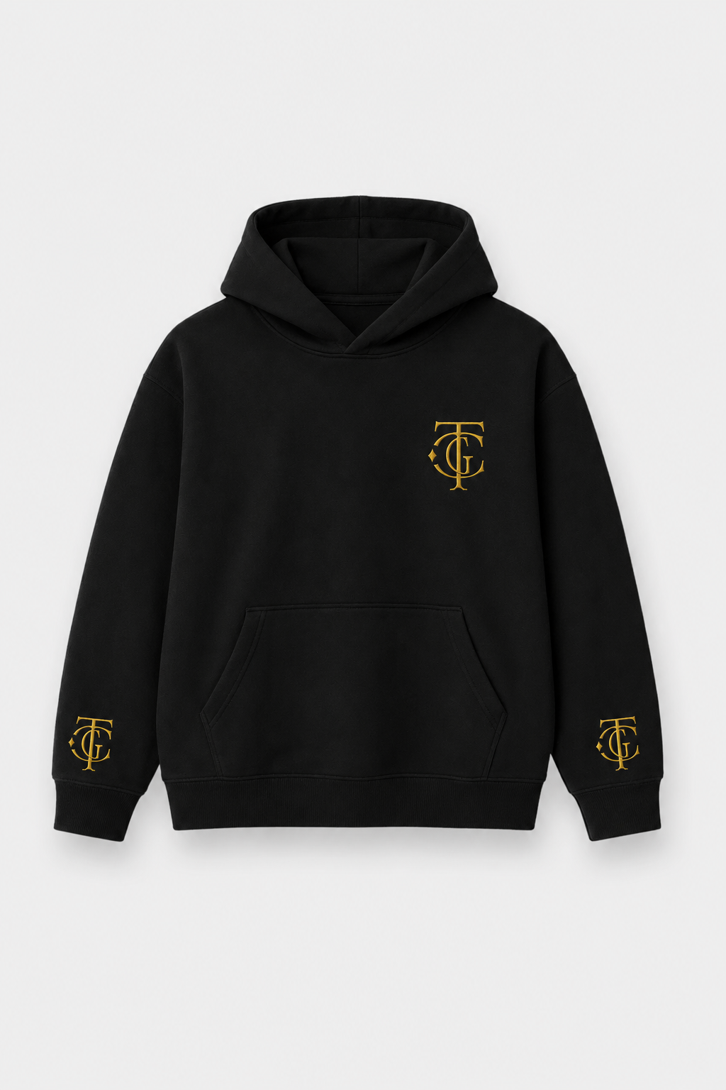 Black heavyweight hoodie with gold embroidered TGC monogram on chest and sleeves