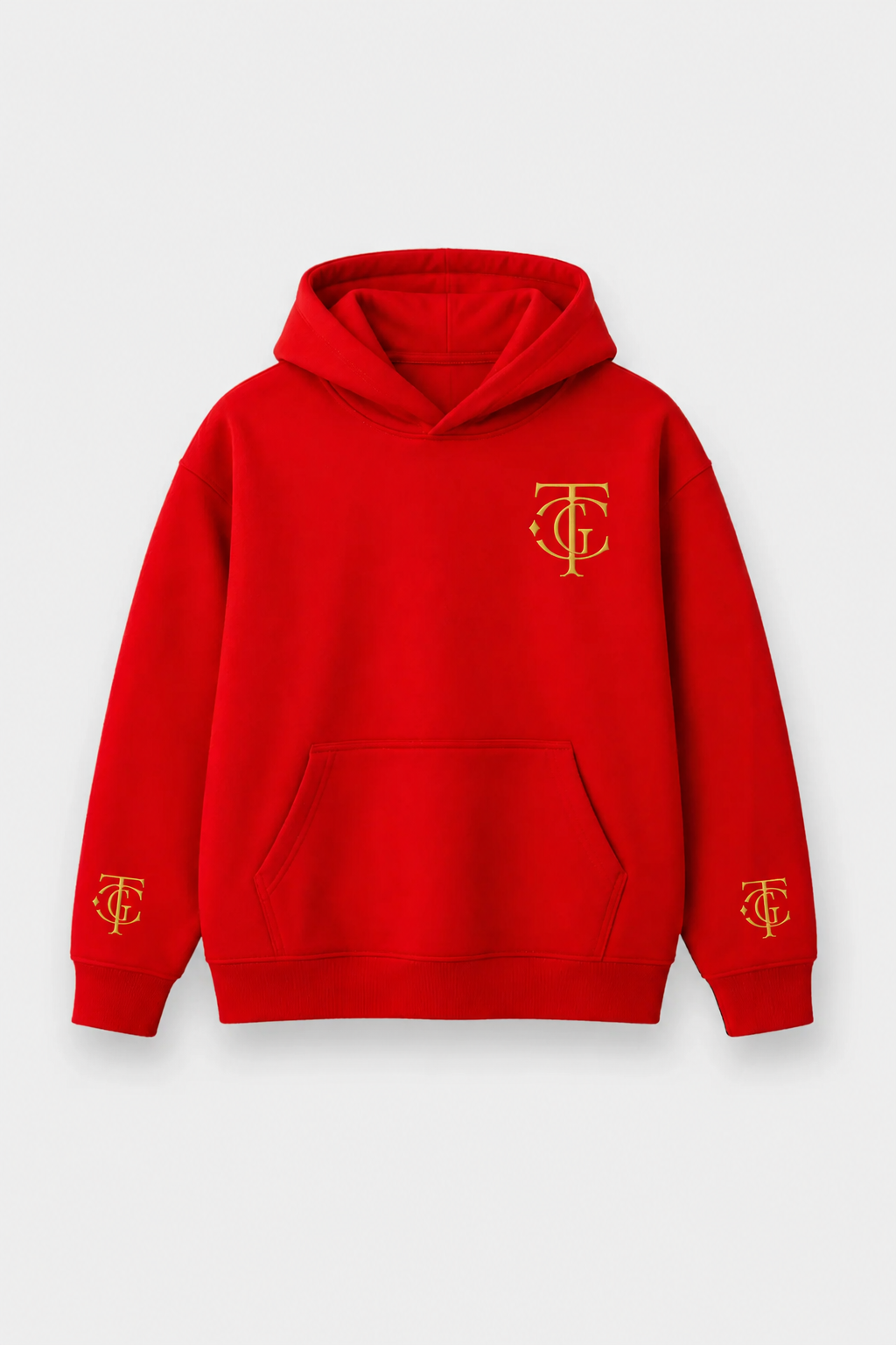 Championship Red heavyweight hoodie with gold embroidered TGC monogram on chest and sleeves