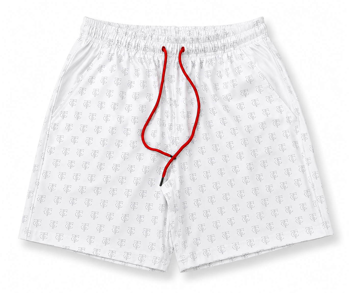 ATL Championship Performance Golf Short in white with tonal TGC monogram print and red drawcord