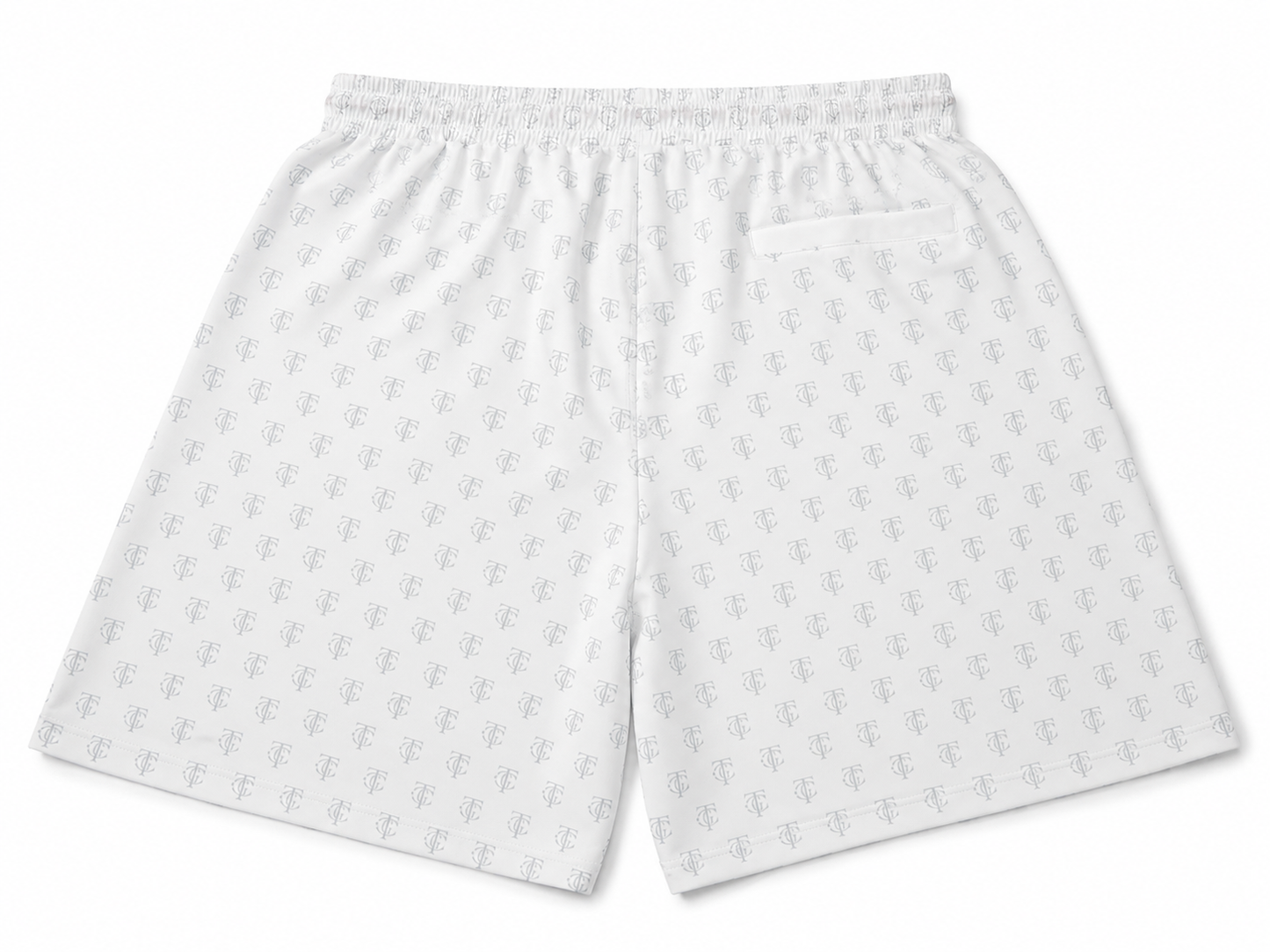 White performance short with a repeating light gray monogram pattern, featuring an elastic waistband and a side pocket.