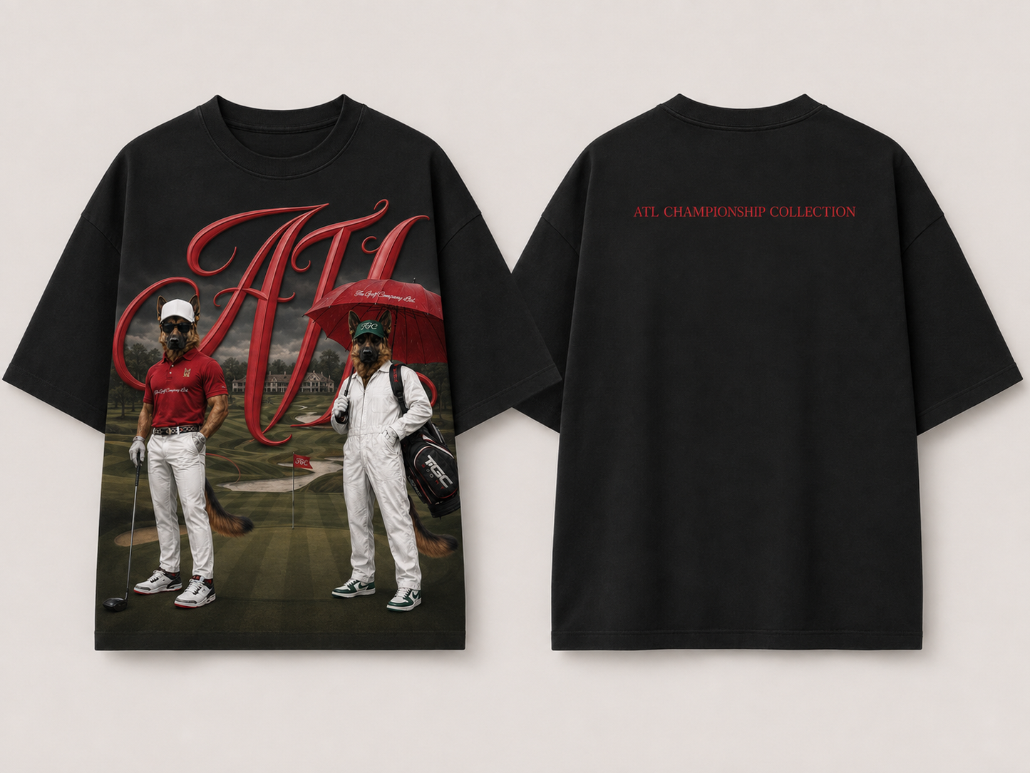 Black oversized ATL Hudson Championship DTG tee featuring two Hudson golfer characters, red ATL script artwork, and golf course background.