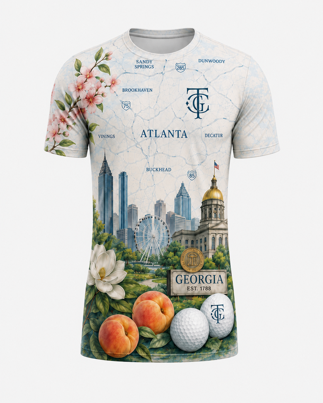 ATL Metro Map All-Over Standard Fit Tee front view with Atlanta skyline, peach, magnolia, golf ball, and map artwork.