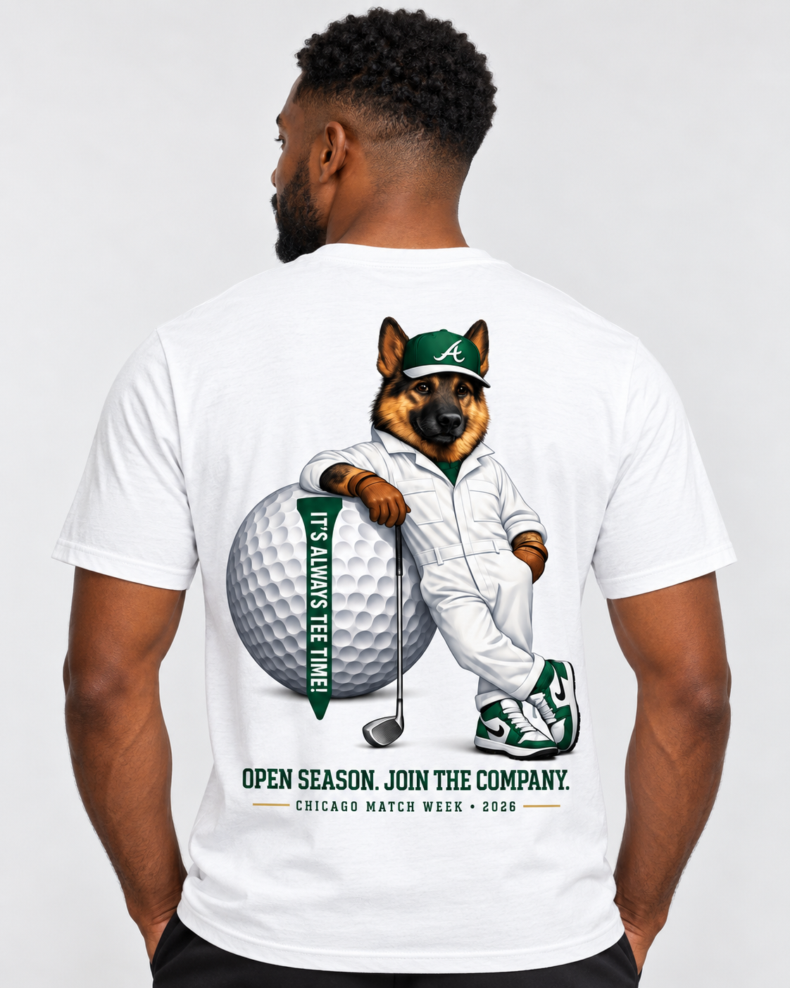 Back view of an African-American male model wearing the SKINS MATCH! — Chicago Edition Tee, featuring Caddie Hudson, the “It’s Always Tee Time!” graphic, and Chicago Match Week branding.