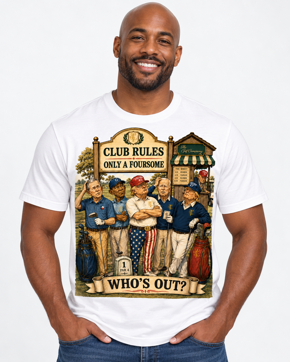 Front view of a dark-complexion African-American male model wearing the white Presidential Foursome Club Rules Tee, featuring the detailed “Only a Foursome — Who’s Out?” golf graphic.