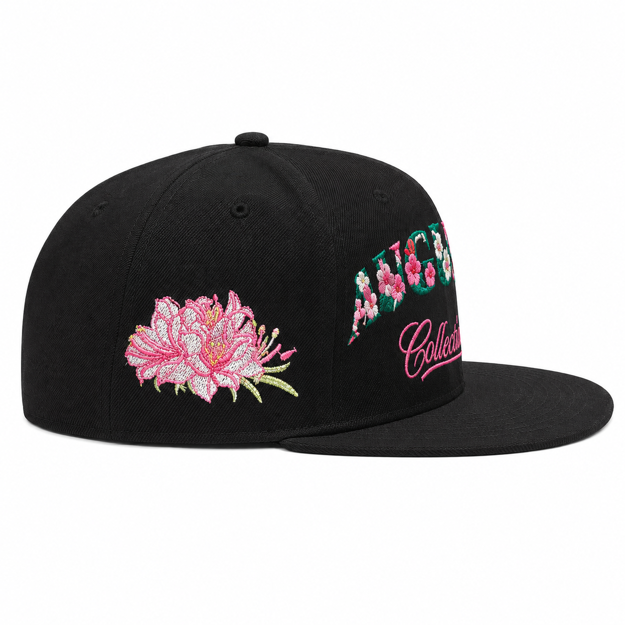 Black cap with pink floral embroidery on a white background