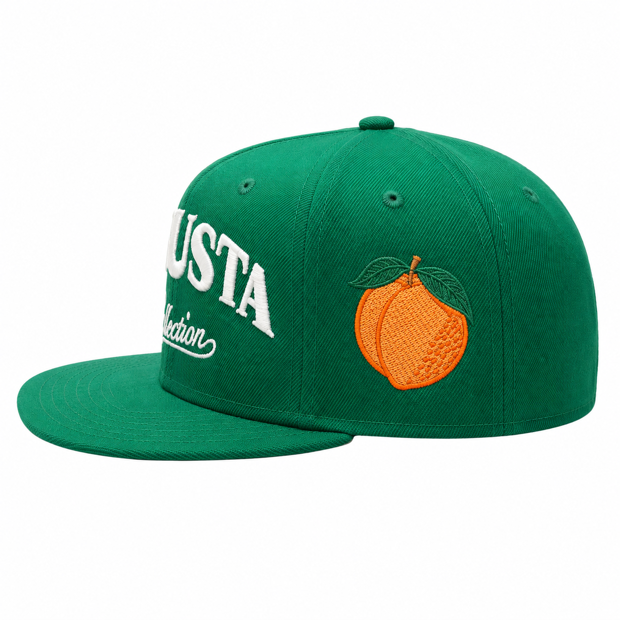 Green Augusta Collection Snapback Hat with peach side embroidery.