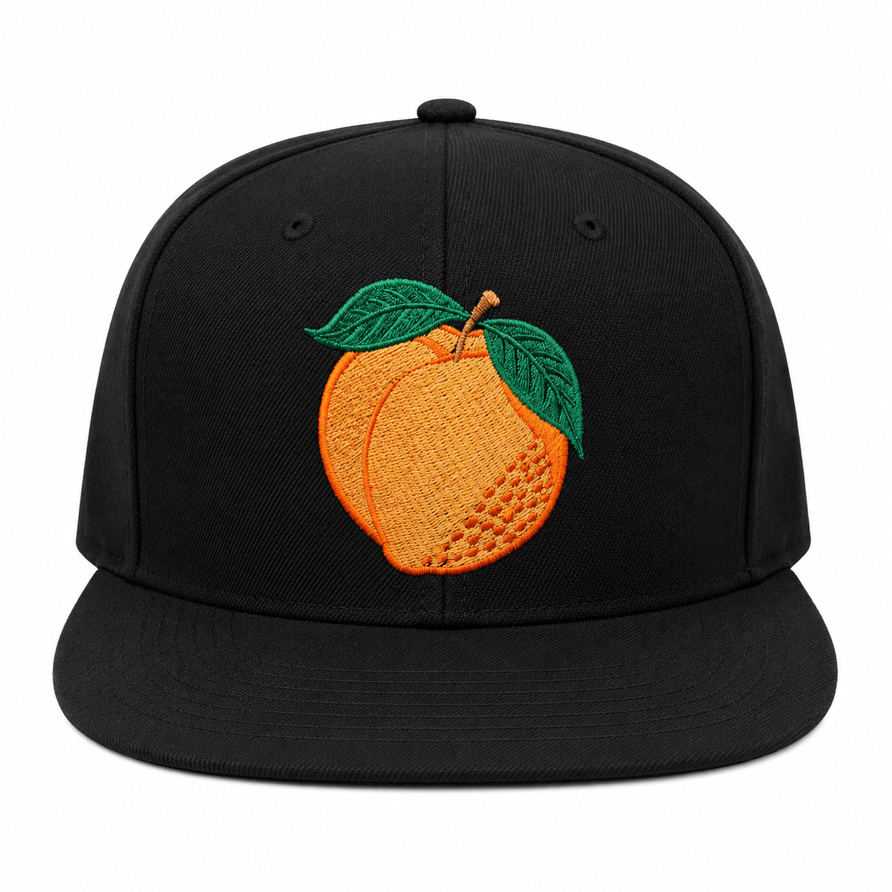 Black cap with an embroidered orange and green leaves on a white background