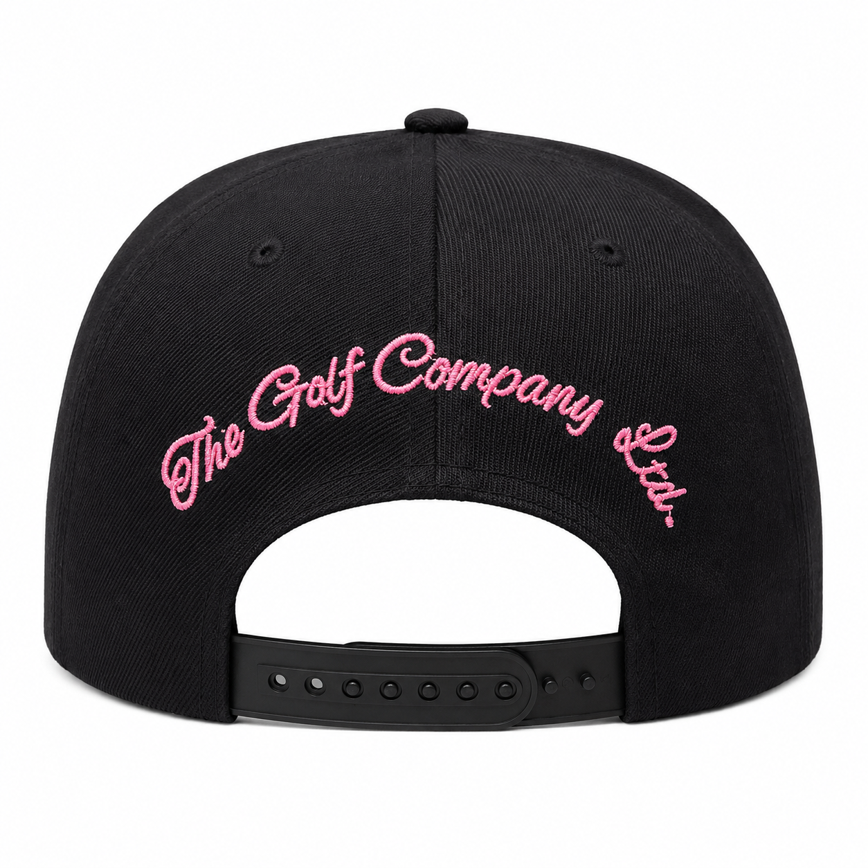 Black cap with pink 'The Golf Company' text on a white background