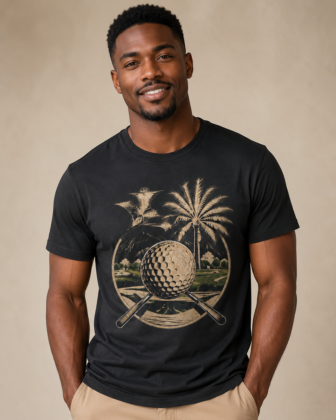 A man wearing a black short-sleeve t-shirt with a golf-themed graphic print featuring a golf ball, palm tree, and crossed clubs, set against a neutral beige background.