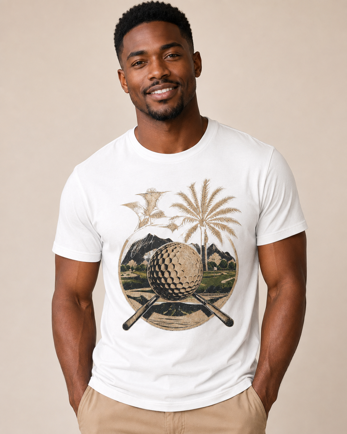 A man wearing a white crewneck t-shirt with a golf-themed graphic print featuring a golf ball, palm trees, and crossed clubs, set against a plain beige background.