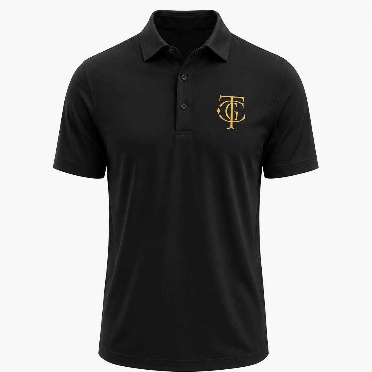 Black ATL Championship Performance Polo front view with gold TGC monogram.
