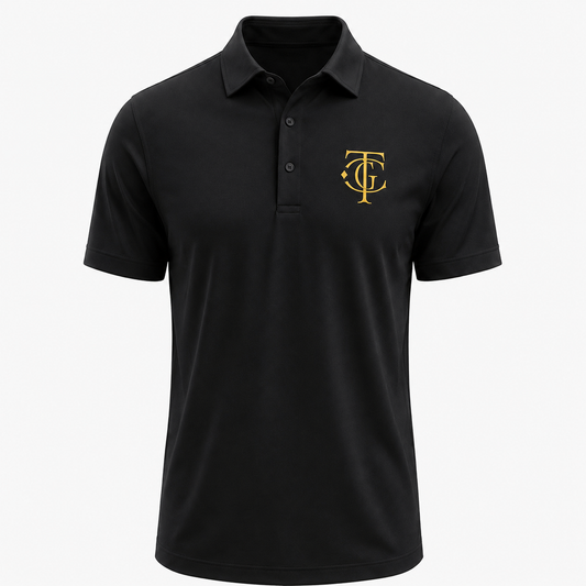 Black ATL Championship Performance Polo front view with gold TGC monogram.