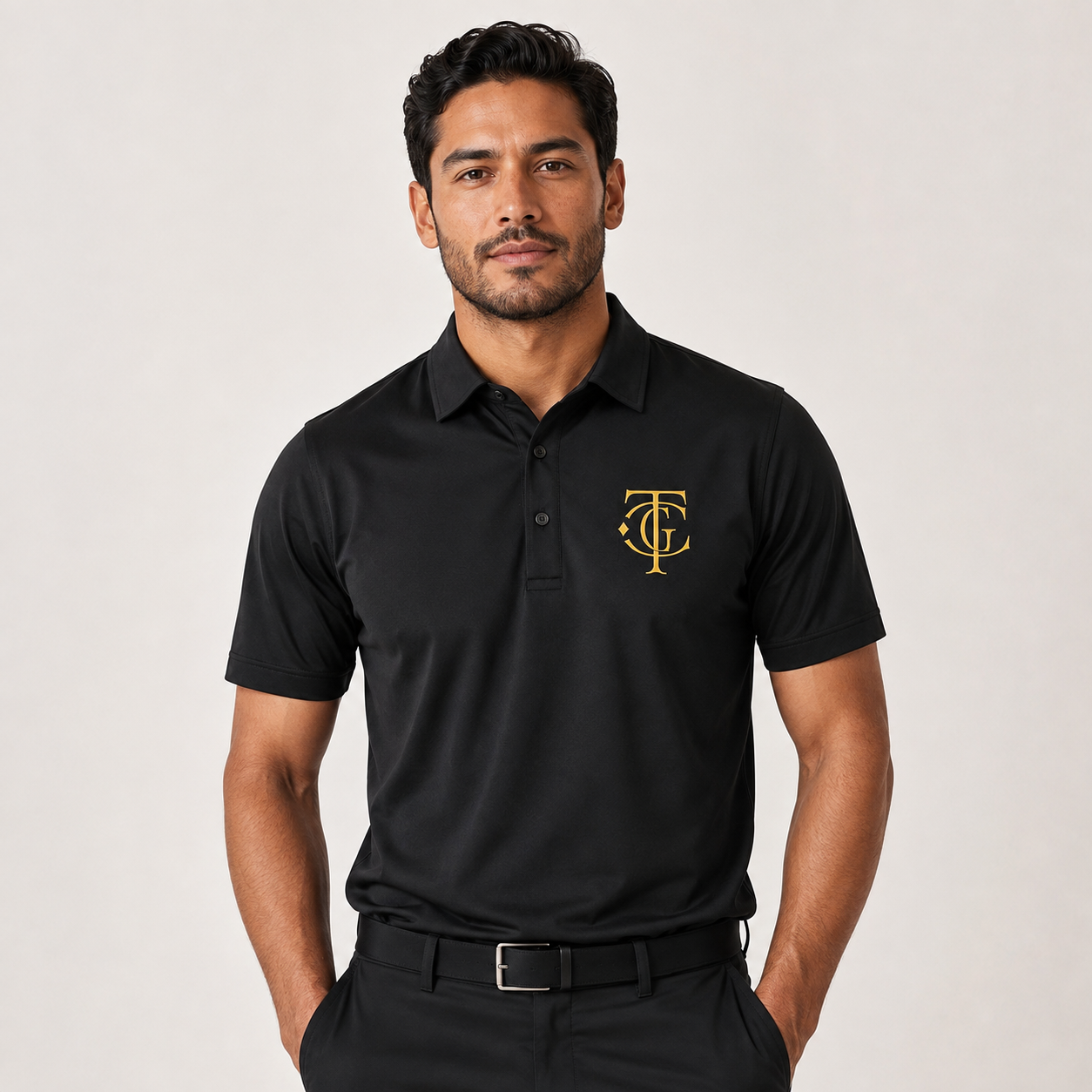 Black ATL Championship Performance Polo front view with gold TGC monogram.