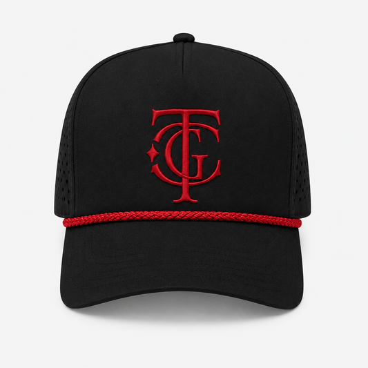 Black TGC ATL Championship performance rope cap with red embroidered monogram and red rope detail