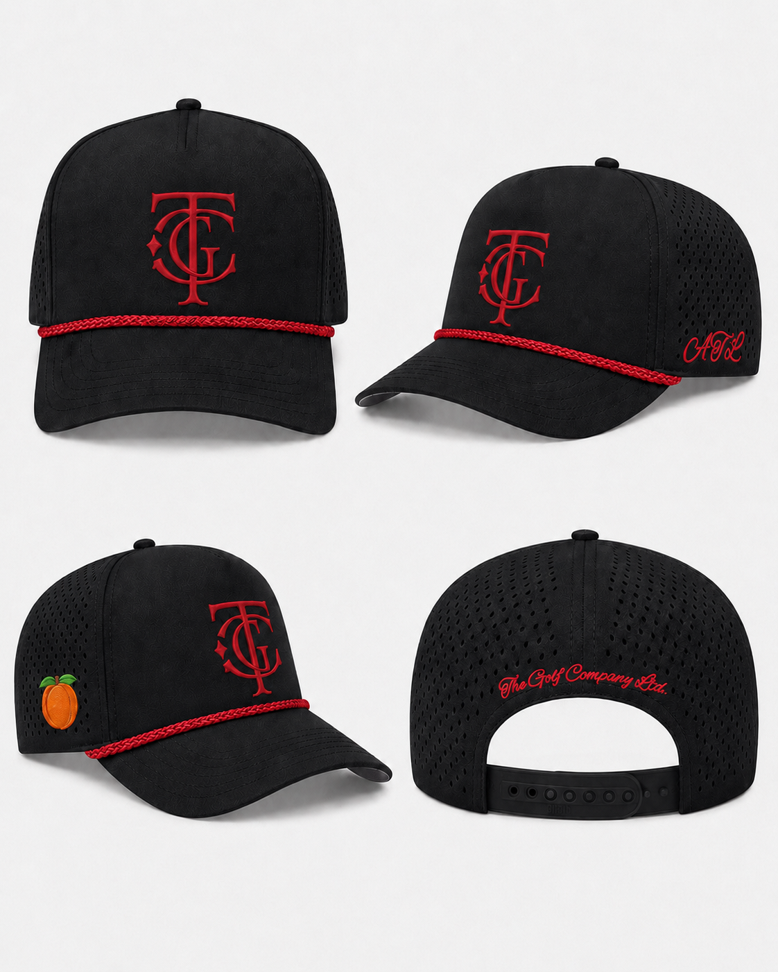 Black baseball cap shown from four angles on a light gray background, featuring a red interlocking TC logo on the front, a red braided stripe around the brim, red script embroidery on the side and back, and a small orange graphic on the brim.
