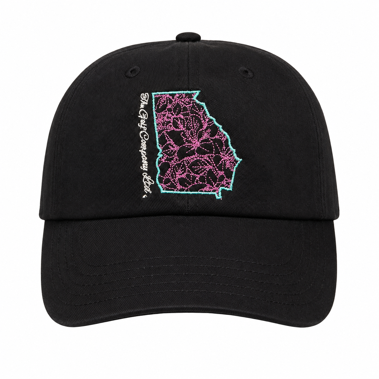 Black cap with pink and blue lace design and text on a white background