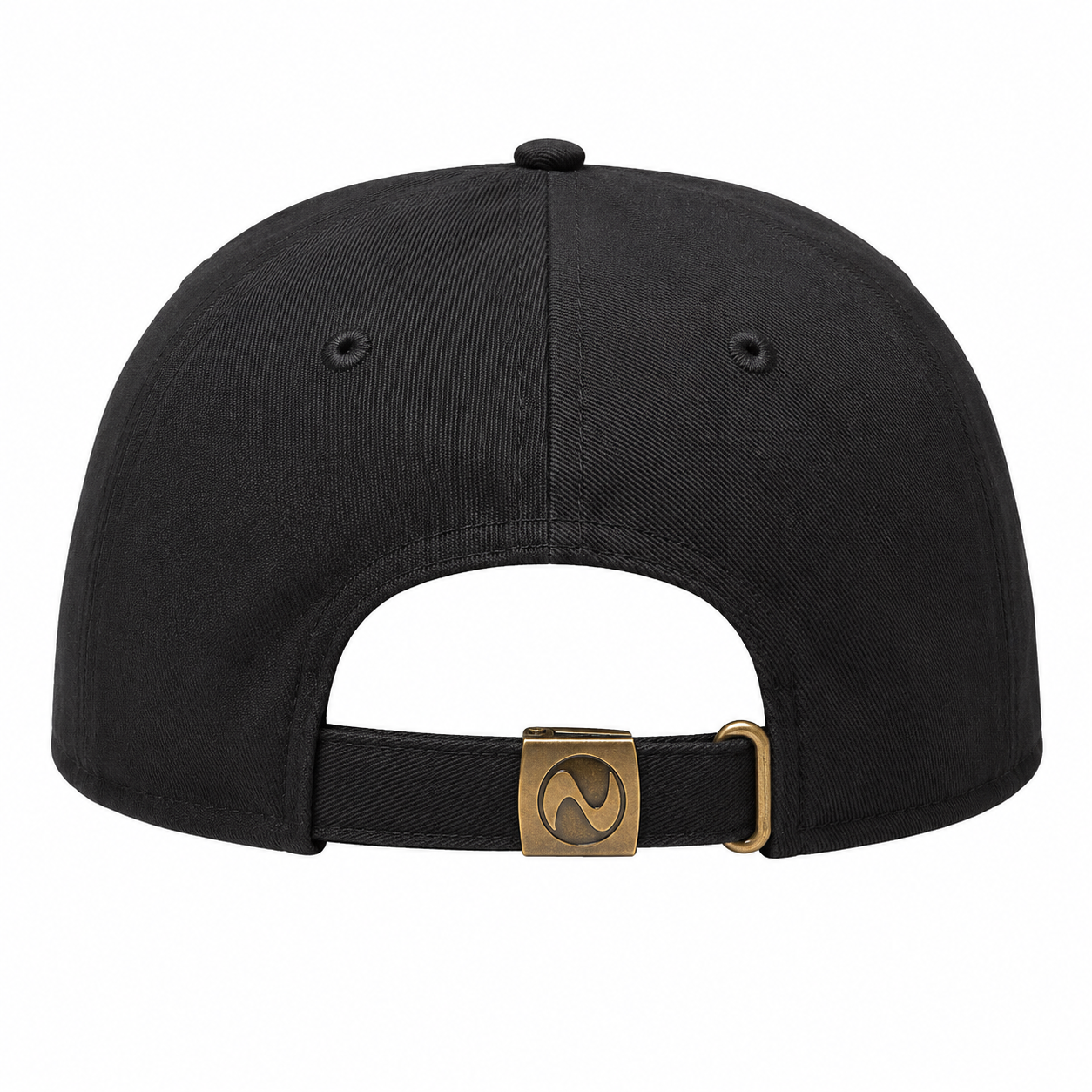 Black cap with a gold buckle on a white background