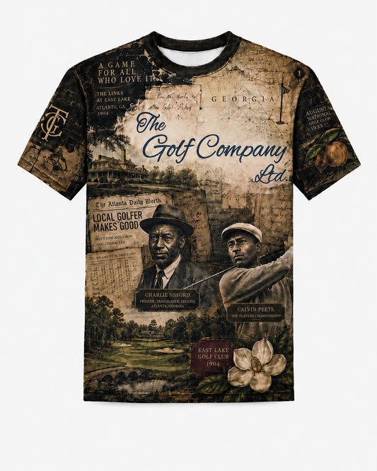 A short-sleeve crewneck t-shirt featuring a vintage-style golf-themed collage print. The design includes sepia-toned map elements, text reading 'The Golf Company Ltd.