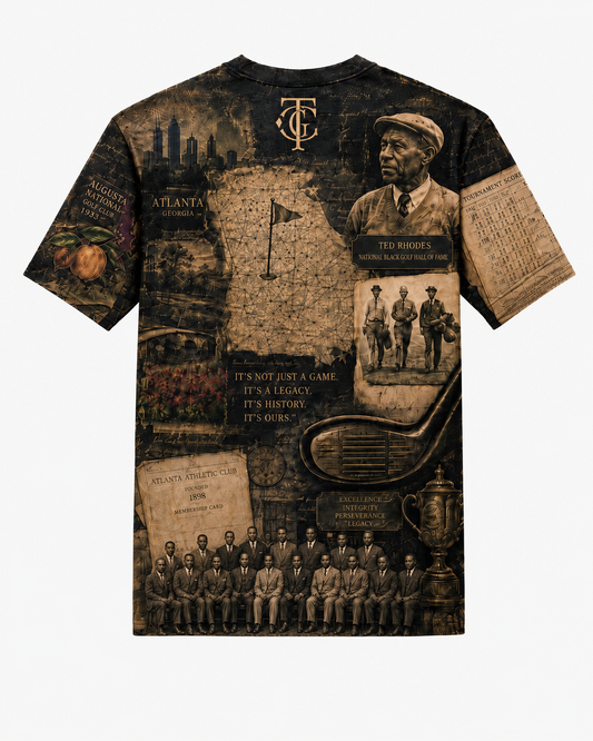 A short-sleeve graphic t-shirt featuring a vintage-style collage print of Atlanta golf history, including a portrait of Ted Rhodes, team photos, a golf club head, and a trophy, in sepia and black tones.