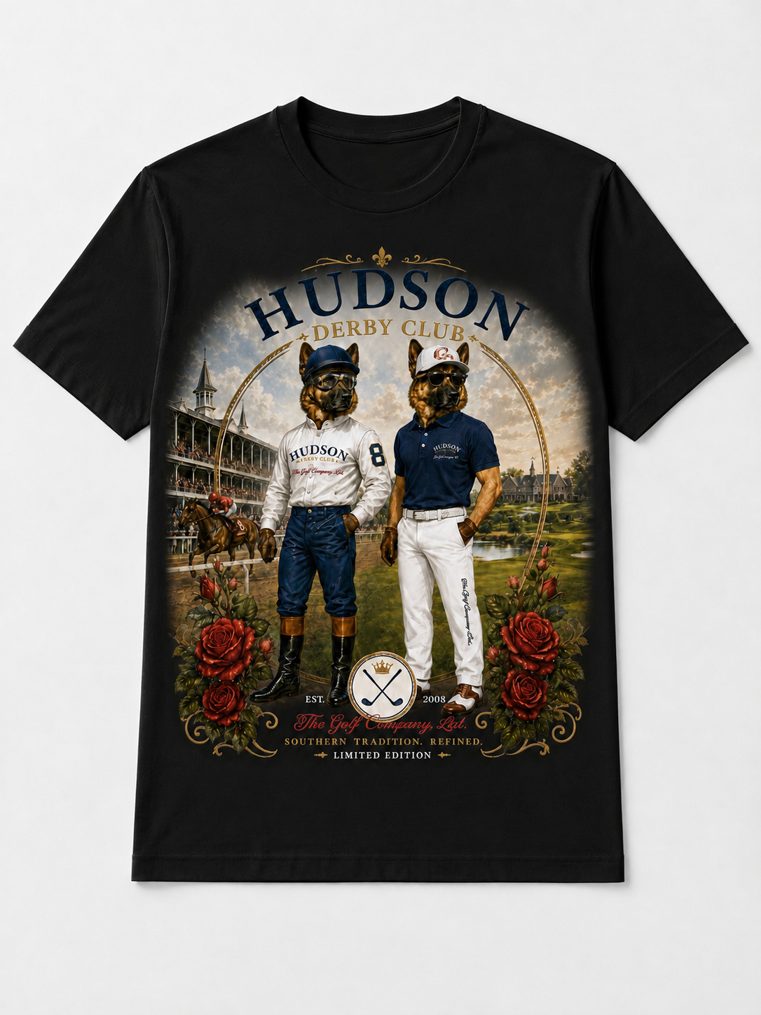 Hudson Derby Club graphic tee black colorway concept with front artwork by The Golf Company Ltd.