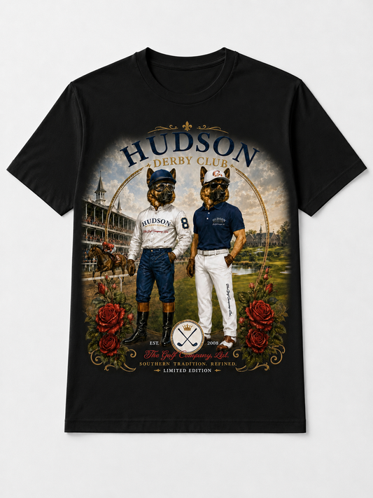 Hudson Derby Club graphic tee black colorway concept with front artwork by The Golf Company Ltd.