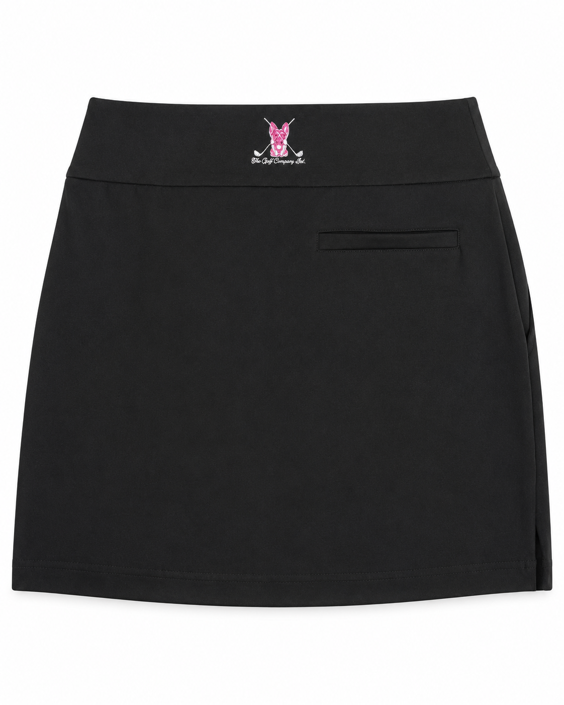 Women’s black performance golf skort rear view with rear pocket and pink waistband logo embroidery.