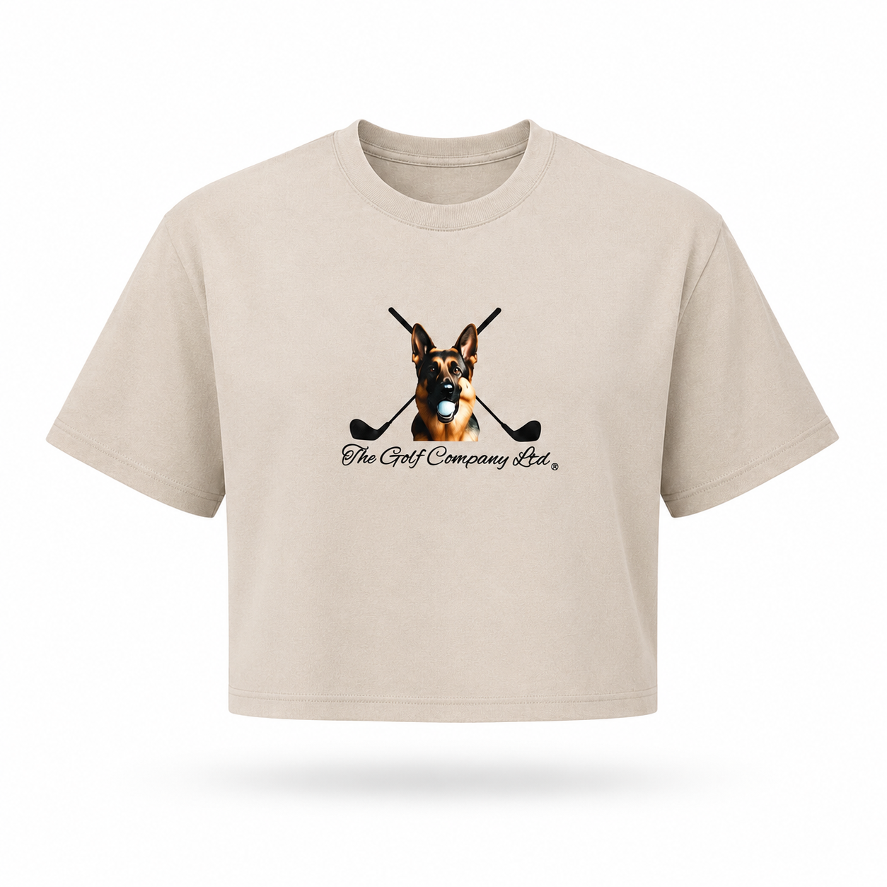 Women’s bone cream heavyweight cropped boxy t-shirt front view with Hudson dog and crossed clubs logo by The Golf Company Ltd.